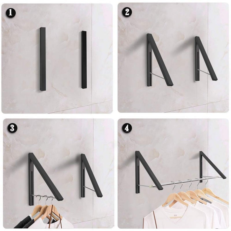 Anjuer Retractable Clothes Rack - Wall Mounted Folding Clothes Hanger Drying Rack for Laundry Room Closet Storage Organization, Aluminum, 2 Racks with Rod (Black) - Image 3